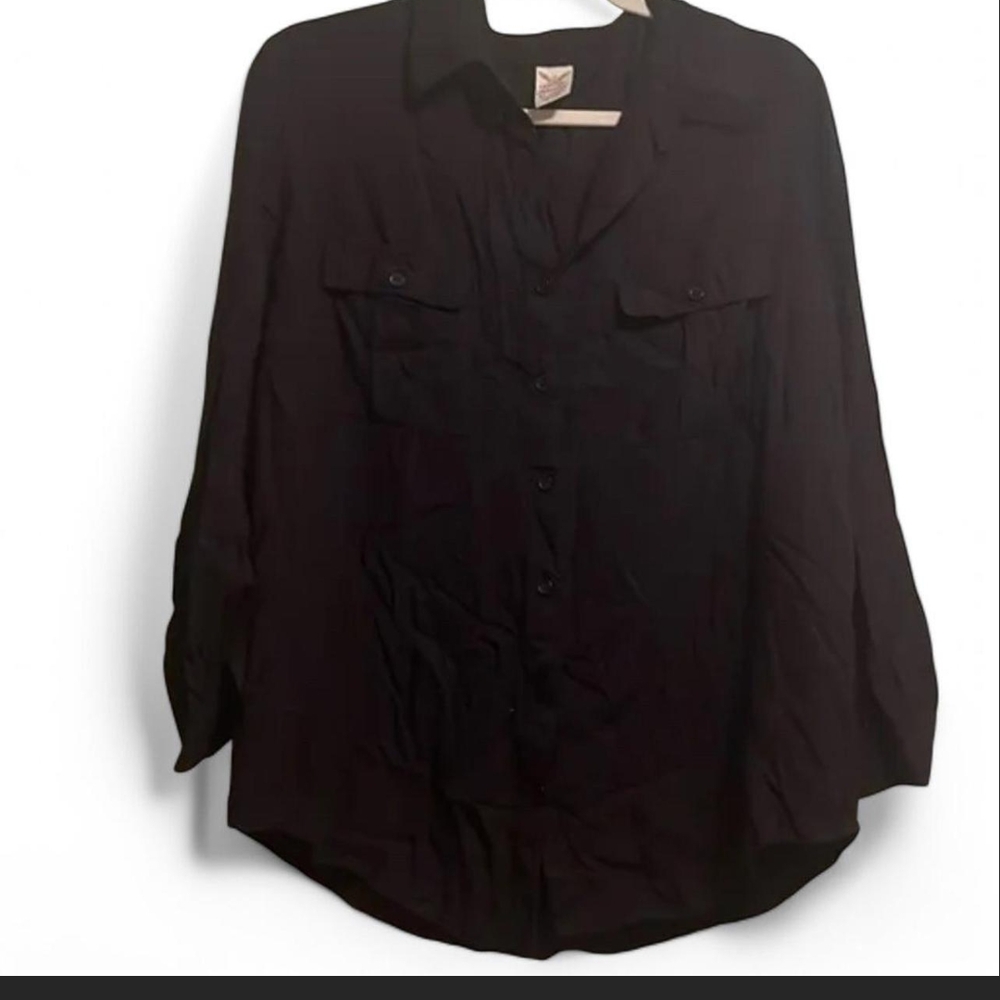 Faded Glory Black 3/4 Sleeve Notched Collar Button Down Shirt